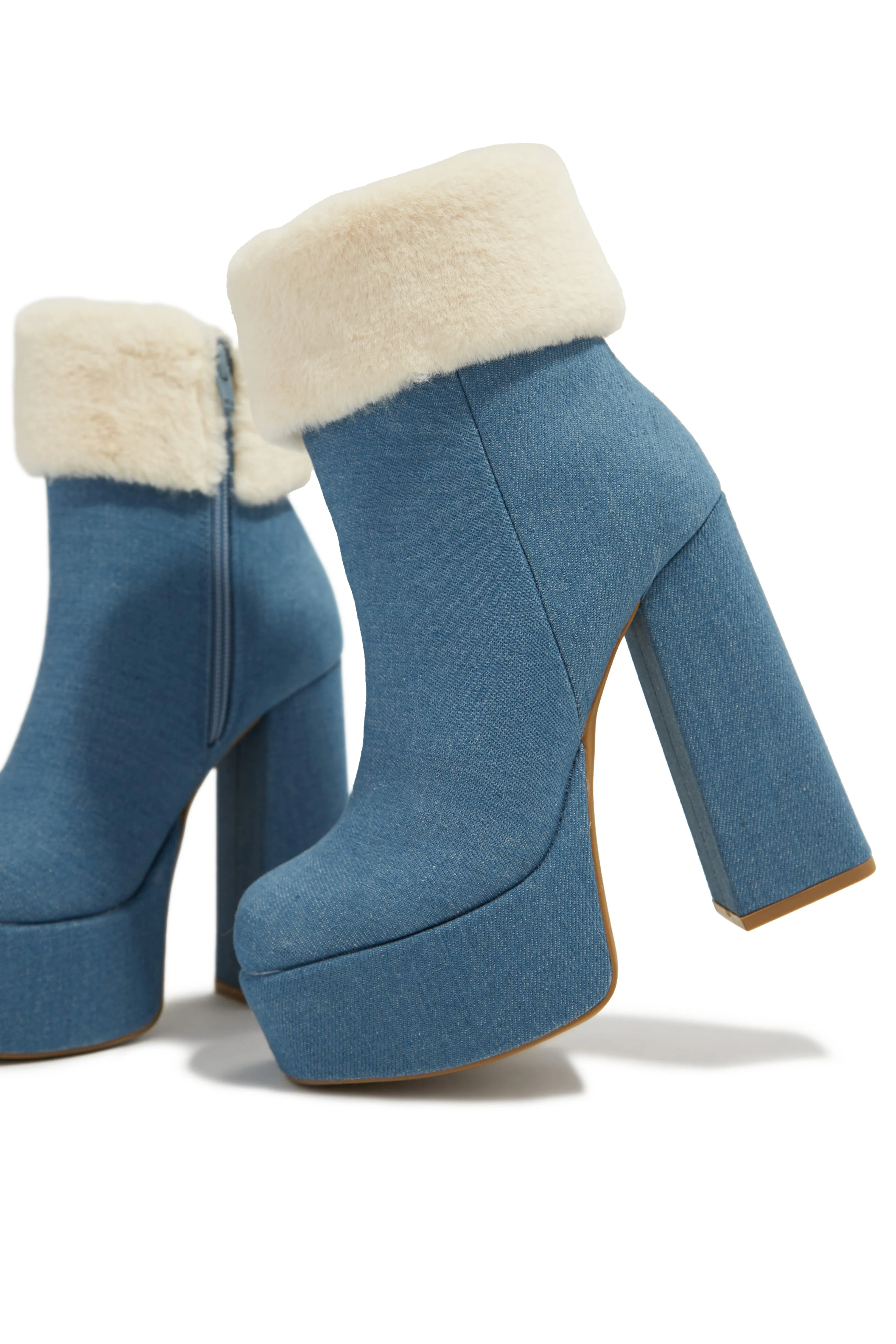 Ayla Faux Fur Platform Block Heel Ankle Boots - Denim