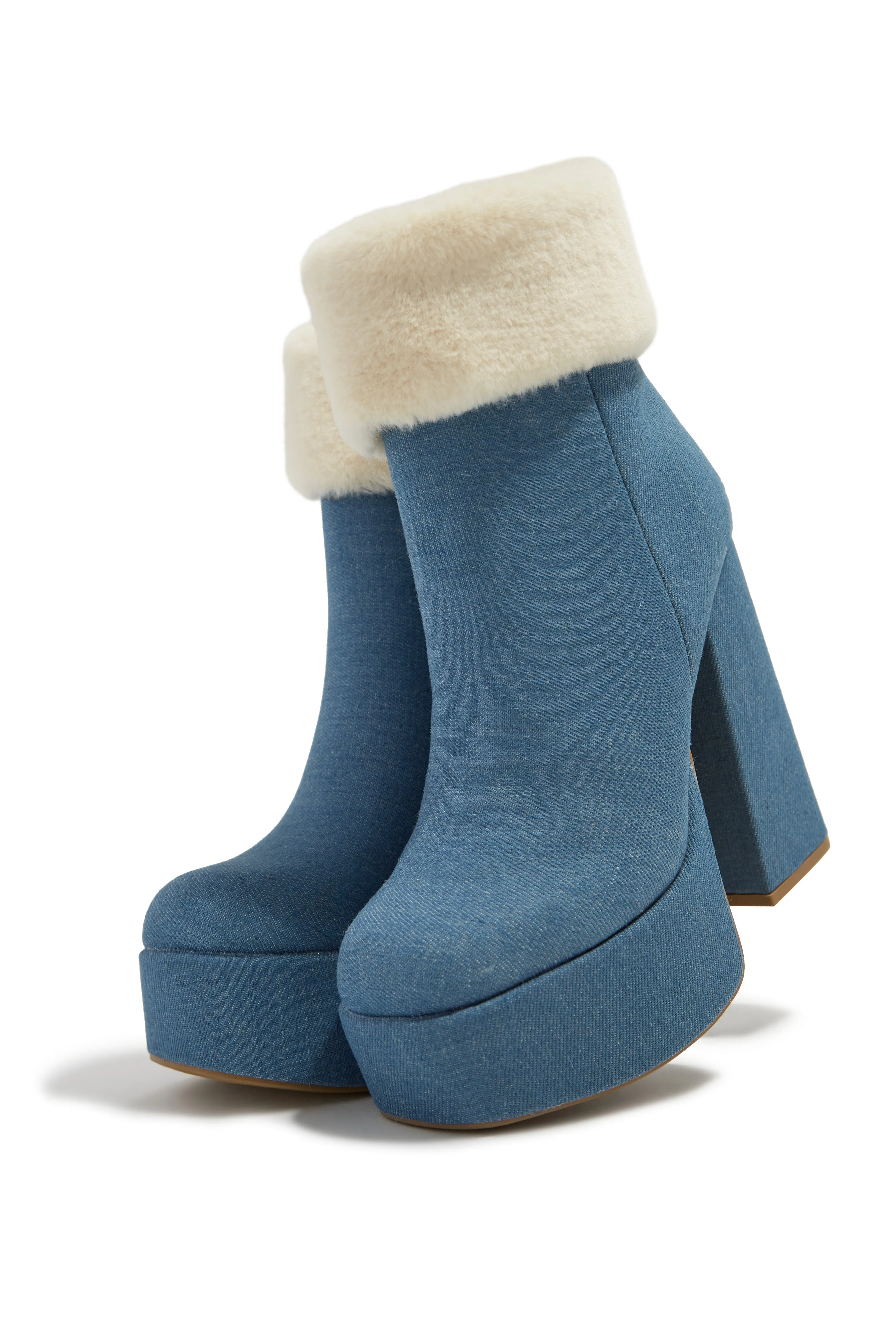 Ayla Faux Fur Platform Block Heel Ankle Boots - Denim