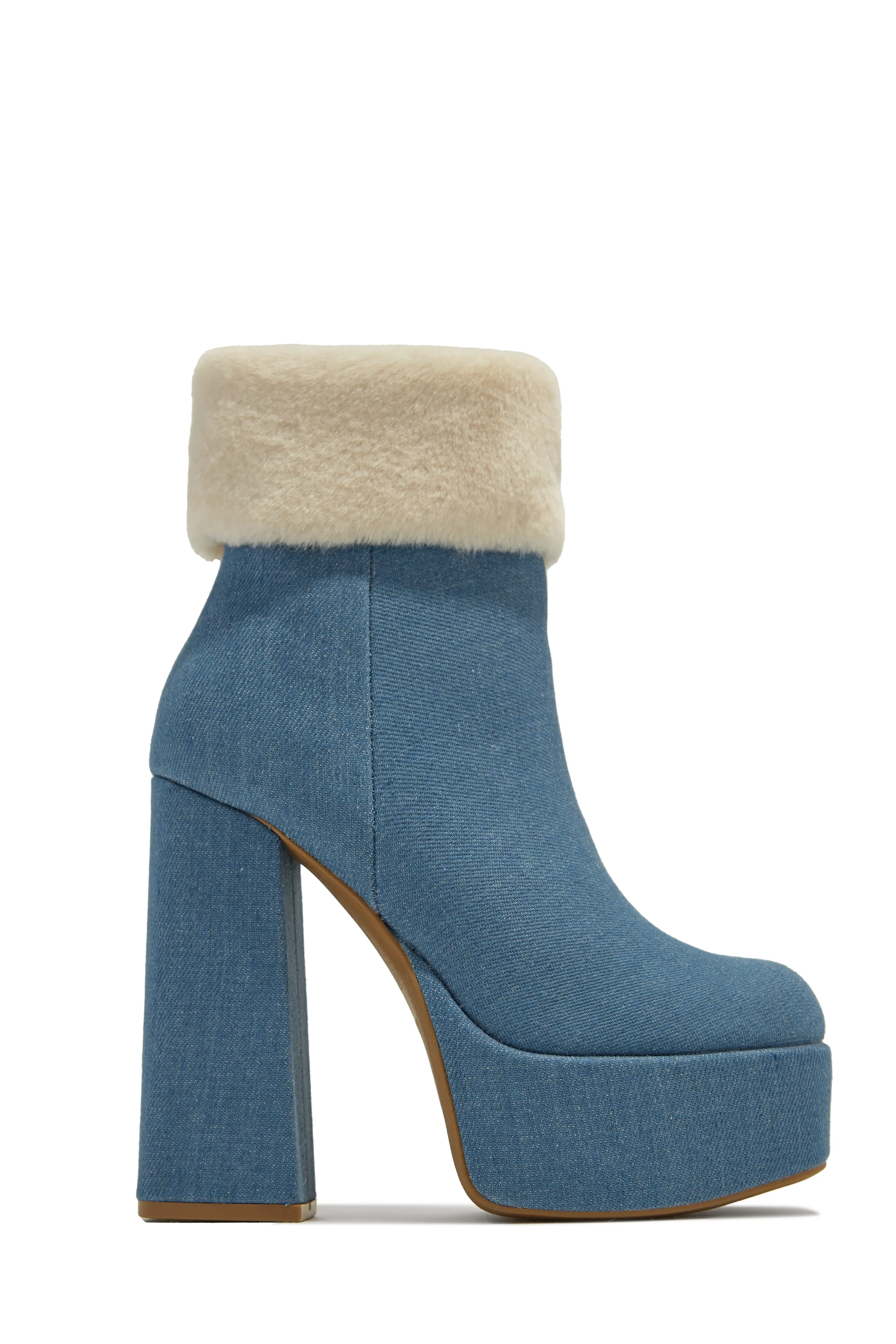 Ayla Faux Fur Platform Block Heel Ankle Boots - Denim