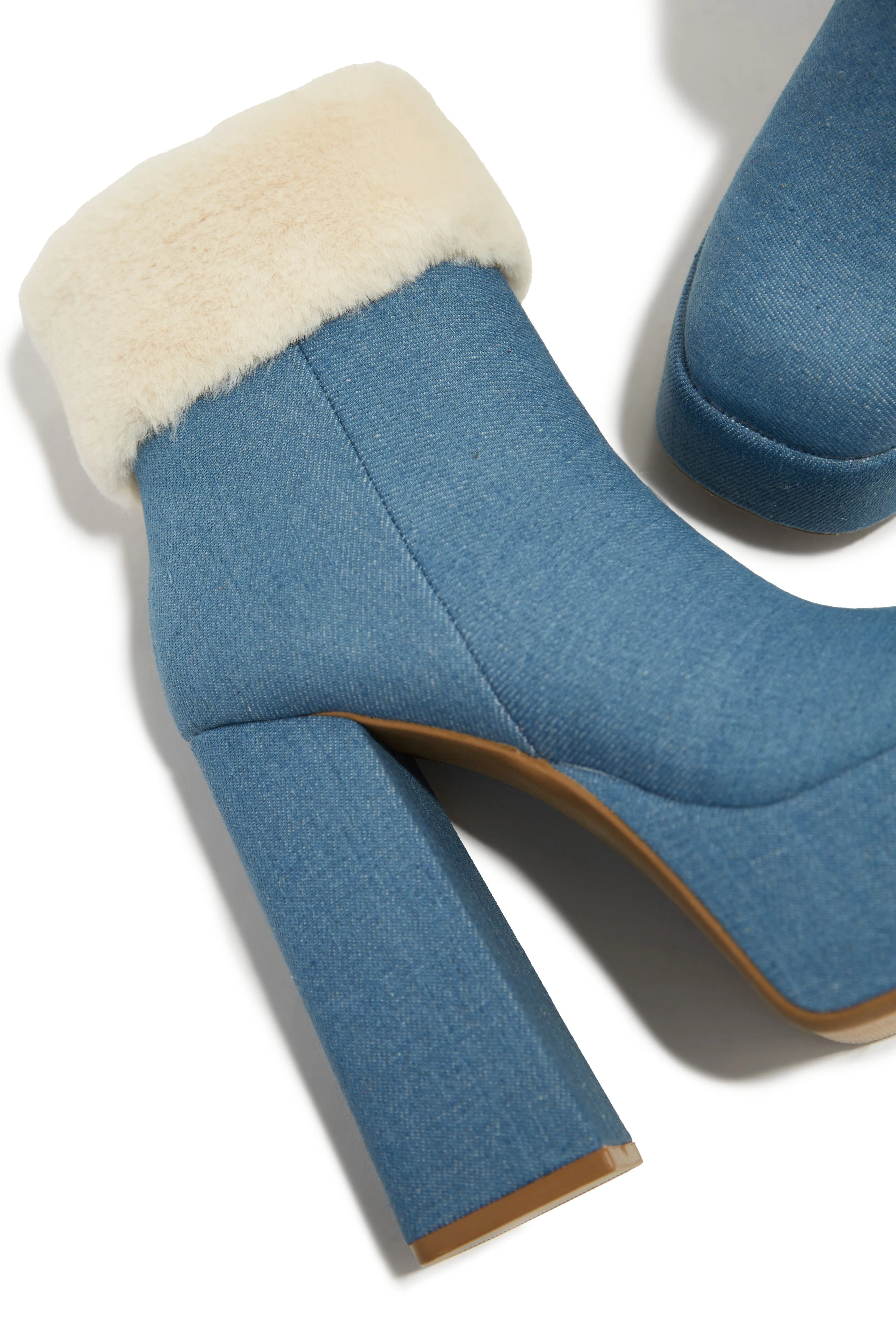 Ayla Faux Fur Platform Block Heel Ankle Boots - Denim
