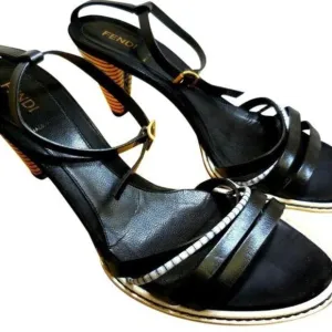 Fendi Vintage Black & White Strappy Sandal Pumps w Cork Heels