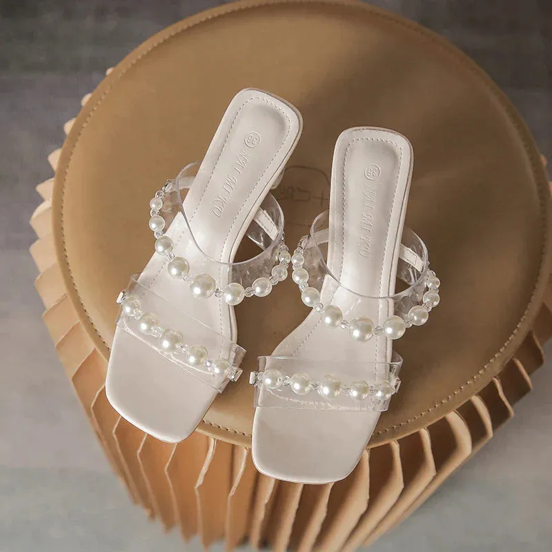 JOSKAA THICK HEEL PEARL CRYSTAL SANDALS SLIPPER