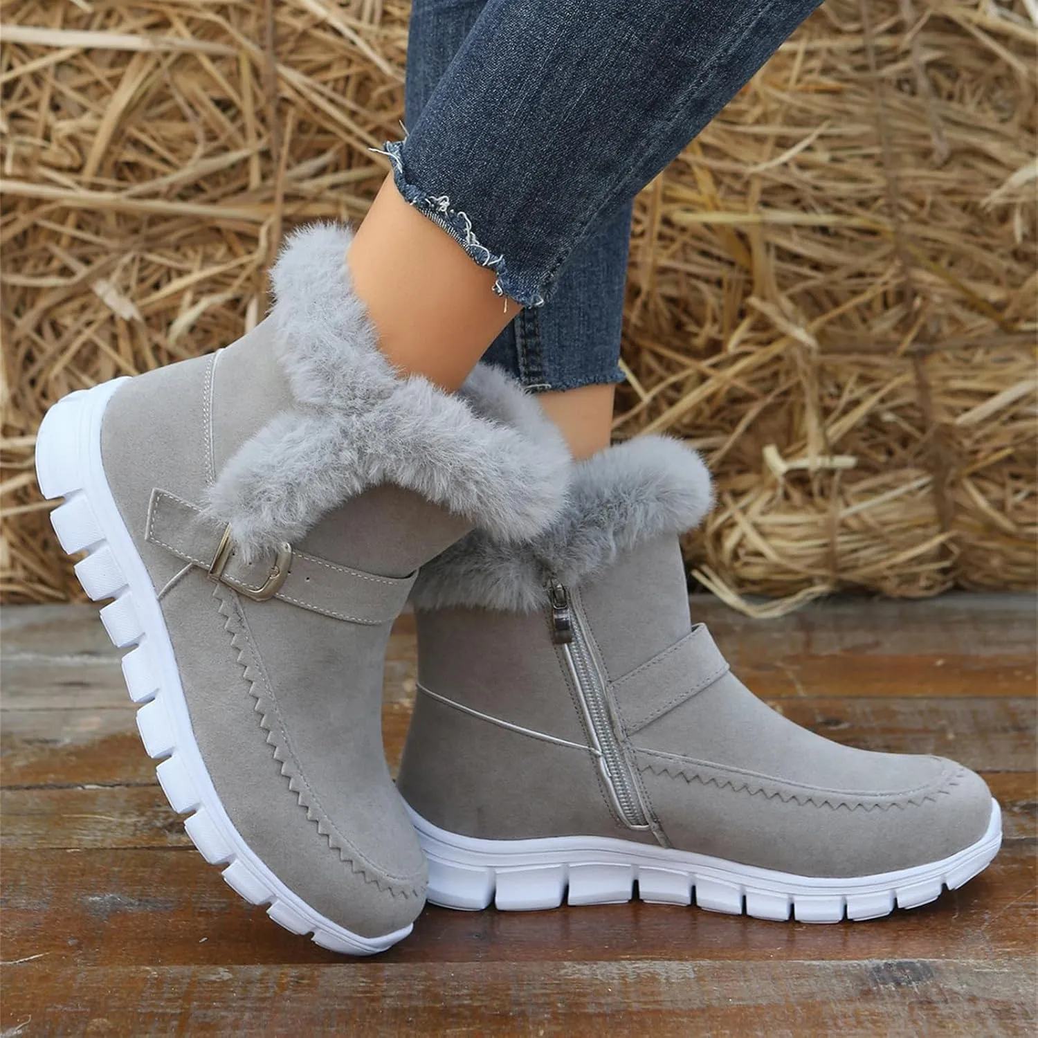 Lausiuoe Boots For Women Ankle Booties Warm Snow Winter Boots Casual Fashion Trendy Comfort Slip On Fur Lined Loafers Shoes