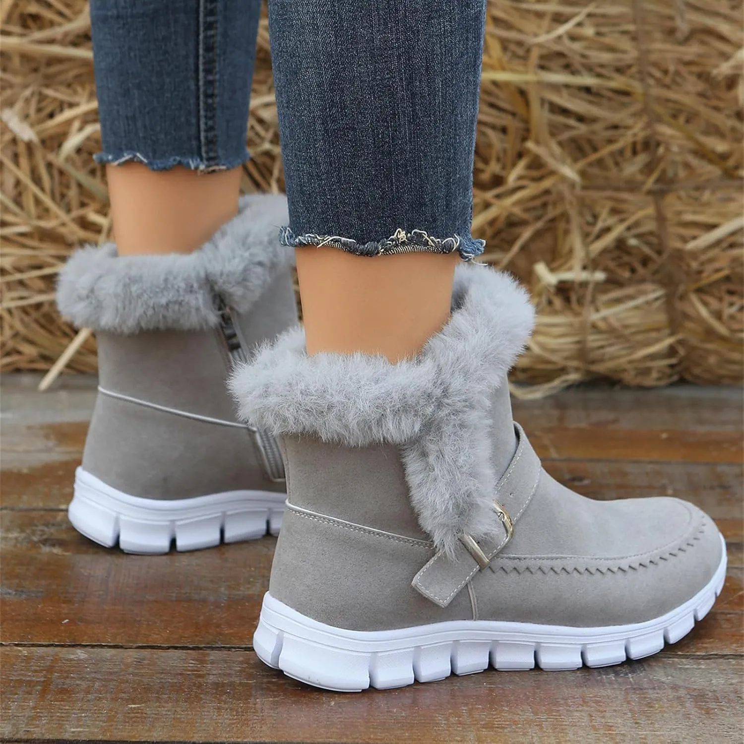 Lausiuoe Boots For Women Ankle Booties Warm Snow Winter Boots Casual Fashion Trendy Comfort Slip On Fur Lined Loafers Shoes