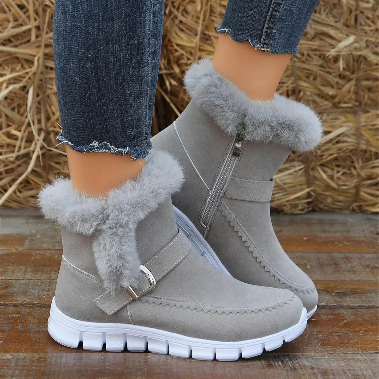 Lausiuoe Boots For Women Ankle Booties Warm Snow Winter Boots Casual Fashion Trendy Comfort Slip On Fur Lined Loafers Shoes