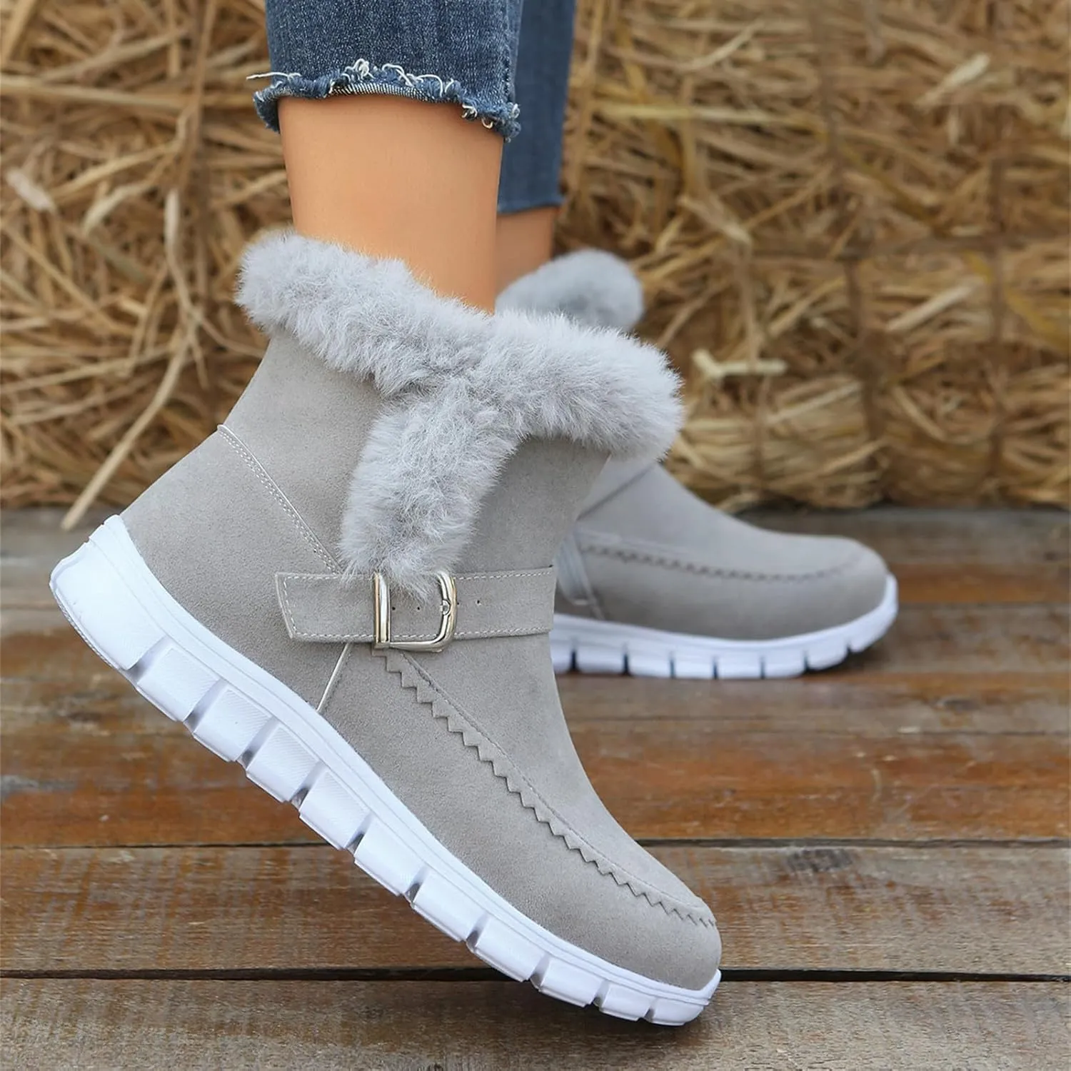 Lausiuoe Boots For Women Ankle Booties Warm Snow Winter Boots Casual Fashion Trendy Comfort Slip On Fur Lined Loafers Shoes