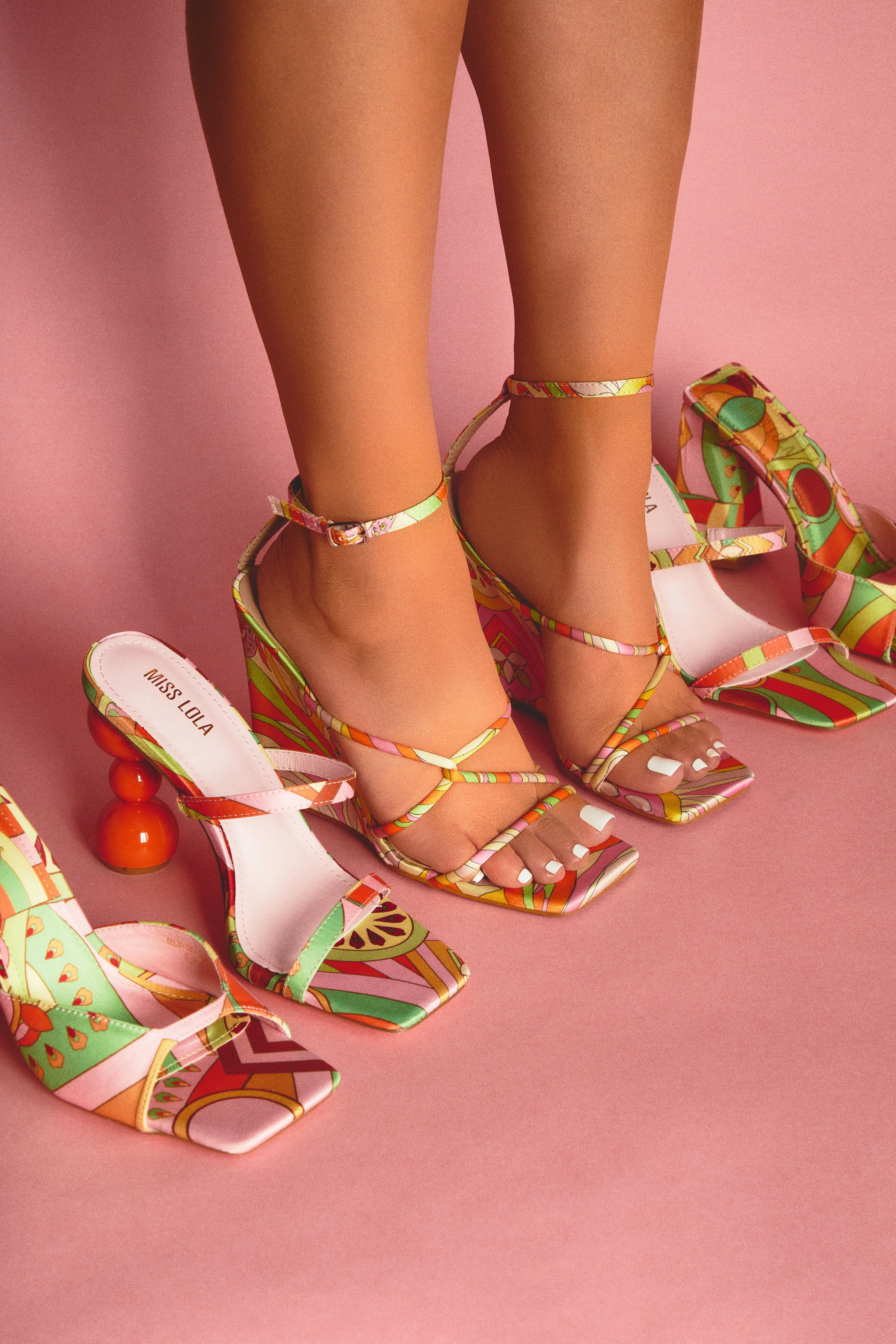 Nyana Ankle Strap Wedge Heels - Pink Print