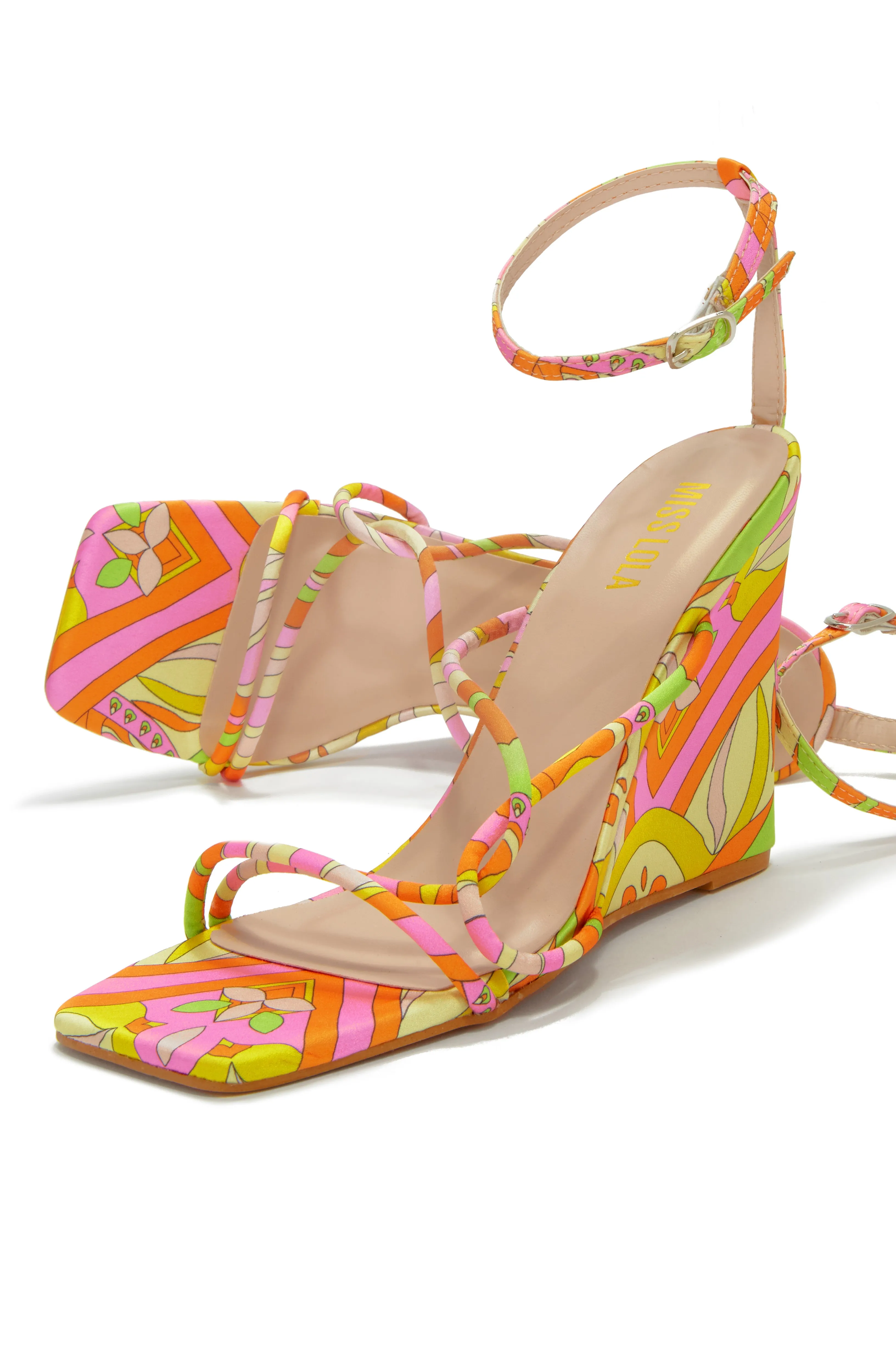Nyana Ankle Strap Wedge Heels - Pink Print