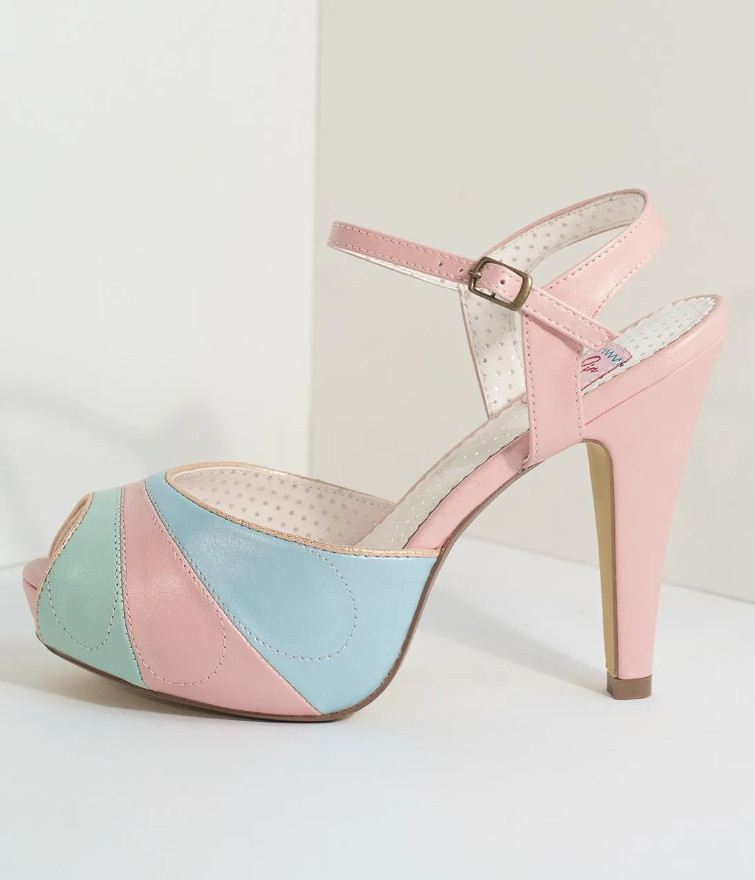 Retro Style Pink & Pastel Leatherette Peep Toe Pumps
