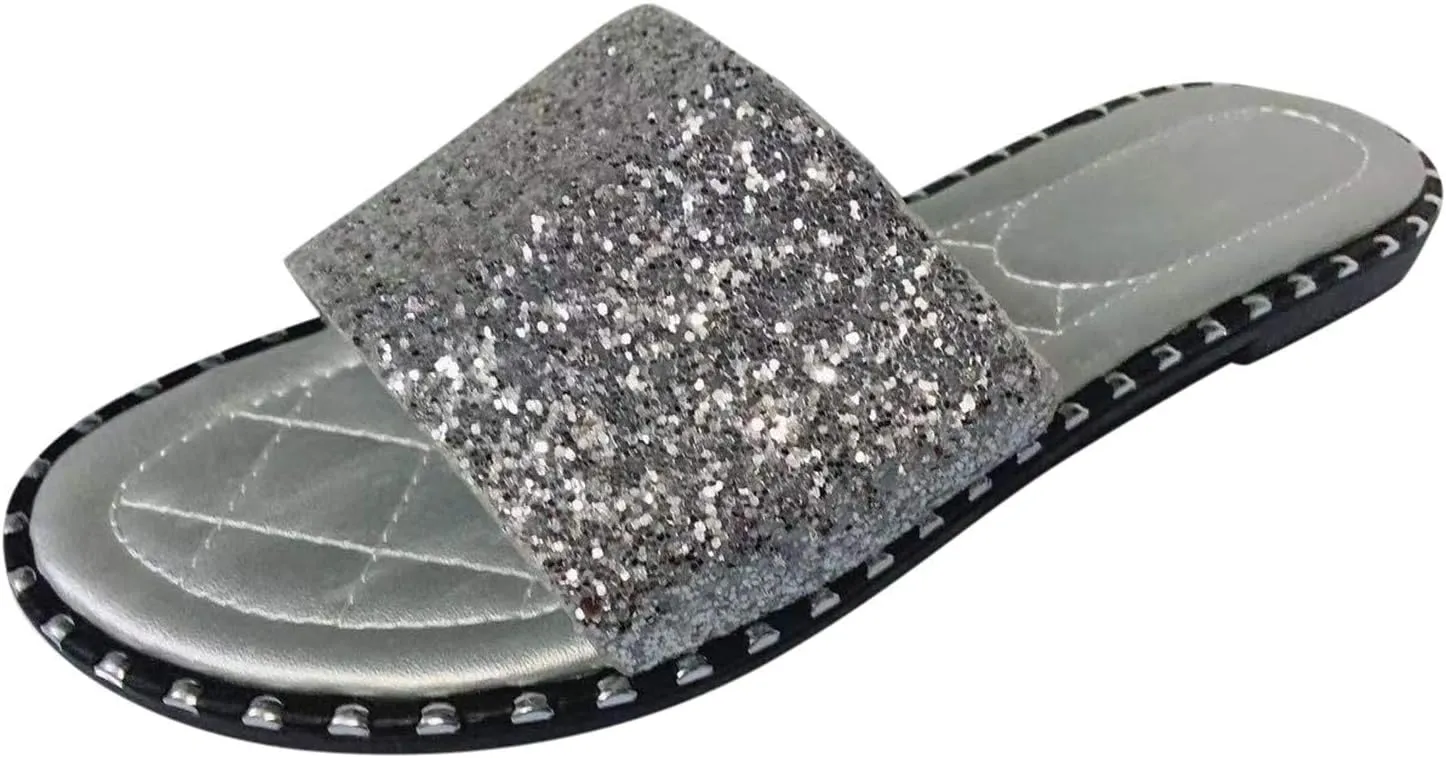 SACFOF Women Flat Sandals Summer Sequins Glitter Dressy Beach Slip on Sandals Casual Open Toe Outdoor Flat Slippers Sandals