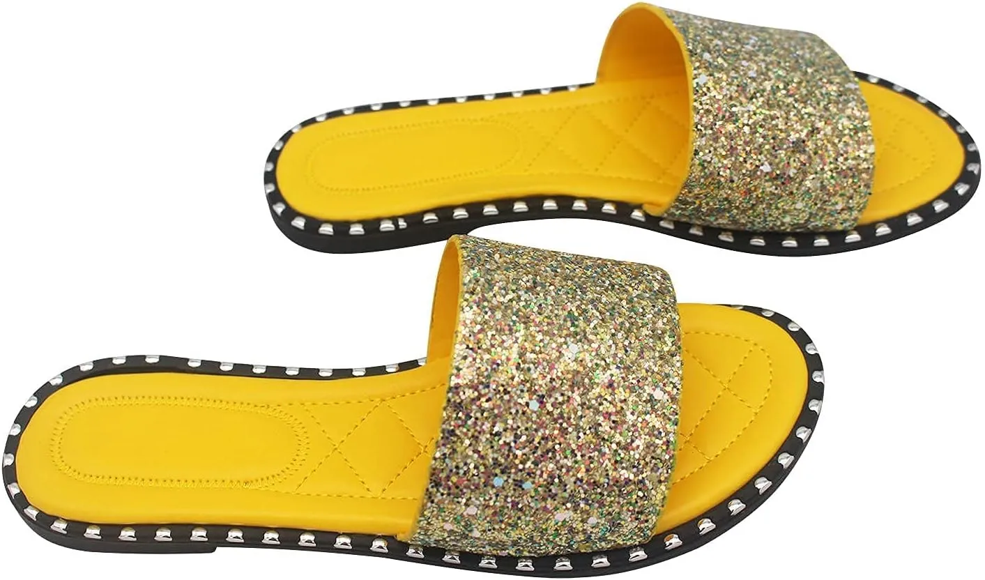 SACFOF Women Flat Sandals Summer Sequins Glitter Dressy Beach Slip on Sandals Casual Open Toe Outdoor Flat Slippers Sandals