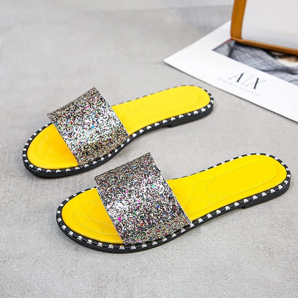 SACFOF Women Flat Sandals Summer Sequins Glitter Dressy Beach Slip on Sandals Casual Open Toe Outdoor Flat Slippers Sandals