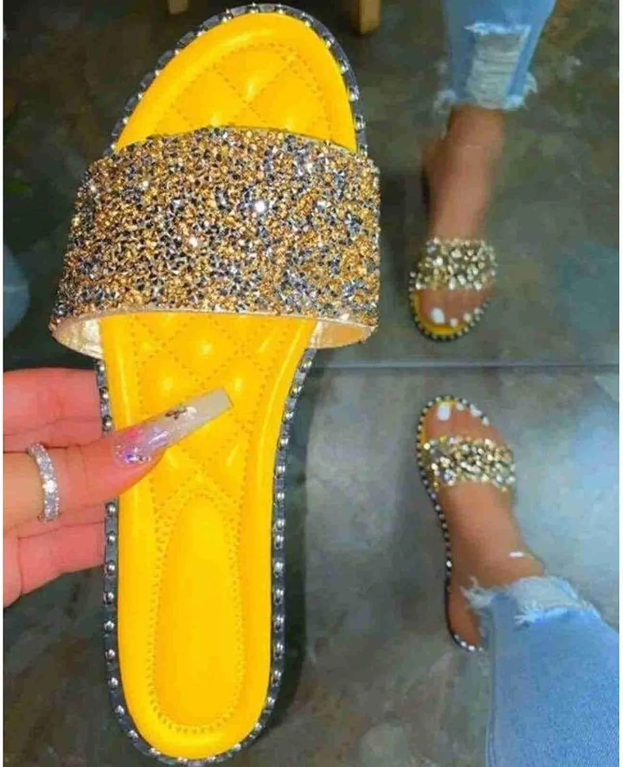 SACFOF Women Flat Sandals Summer Sequins Glitter Dressy Beach Slip on Sandals Casual Open Toe Outdoor Flat Slippers Sandals
