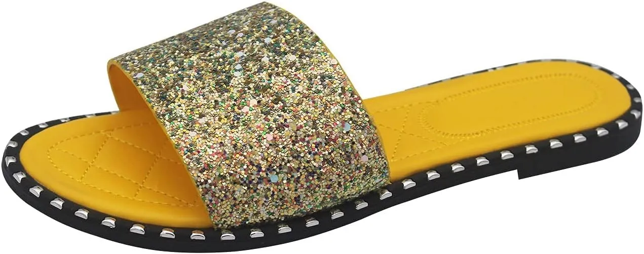 SACFOF Women Flat Sandals Summer Sequins Glitter Dressy Beach Slip on Sandals Casual Open Toe Outdoor Flat Slippers Sandals