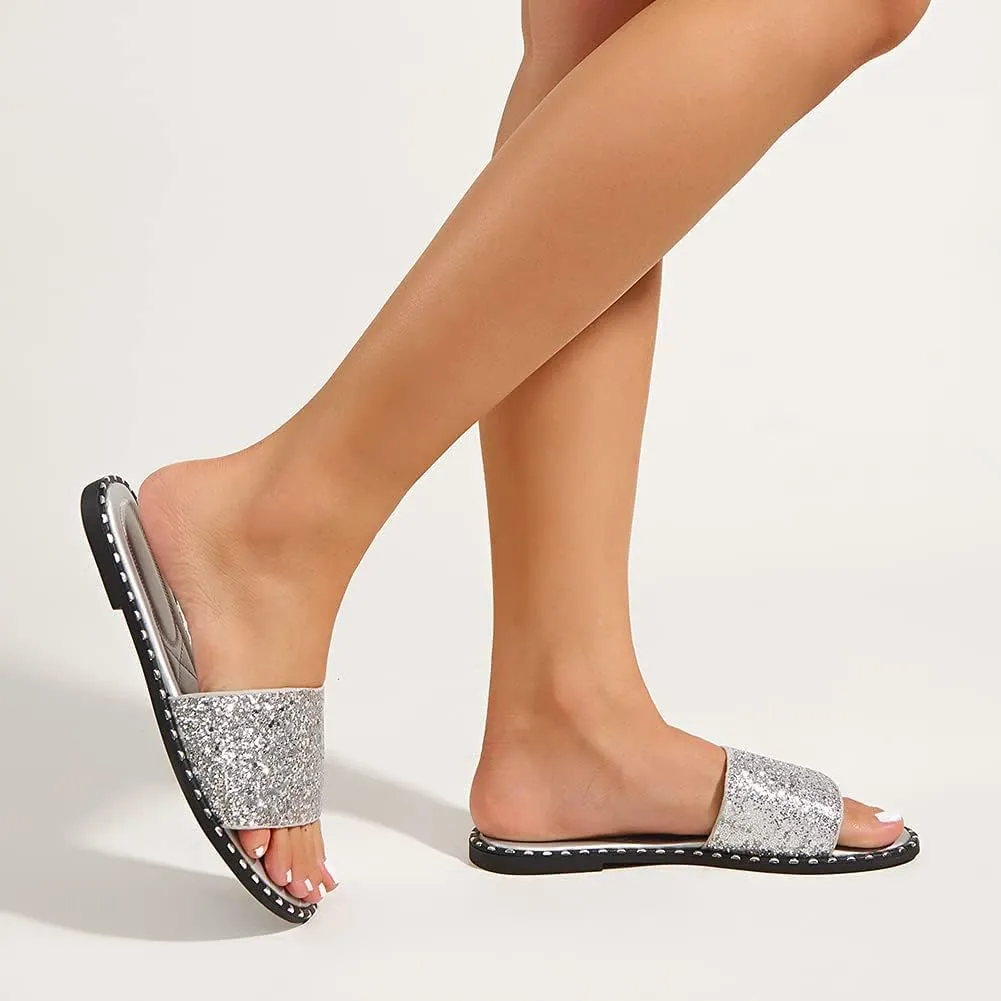 SACFOF Women Flat Sandals Summer Sequins Glitter Dressy Beach Slip on Sandals Casual Open Toe Outdoor Flat Slippers Sandals