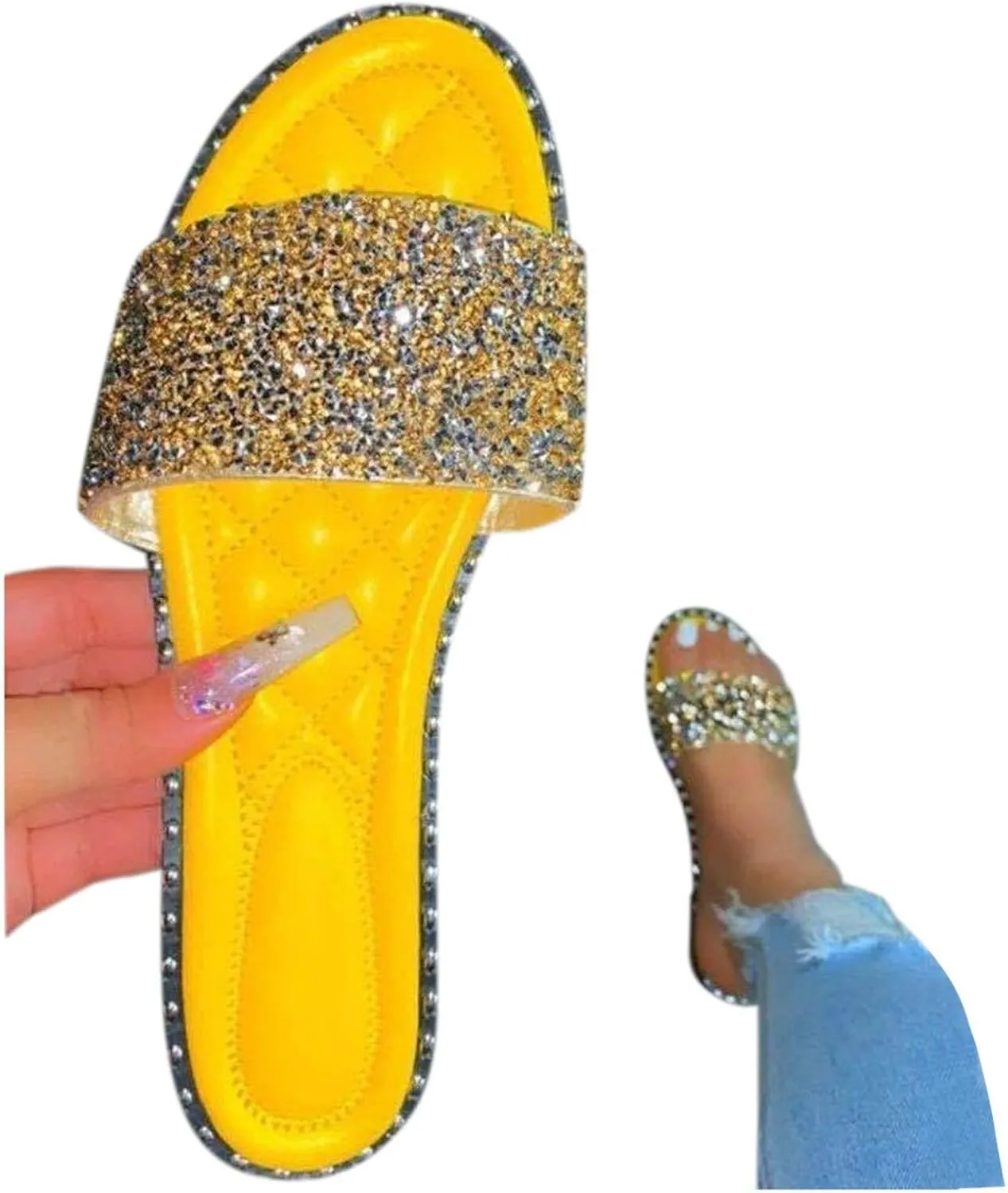 SACFOF Women Flat Sandals Summer Sequins Glitter Dressy Beach Slip on Sandals Casual Open Toe Outdoor Flat Slippers Sandals