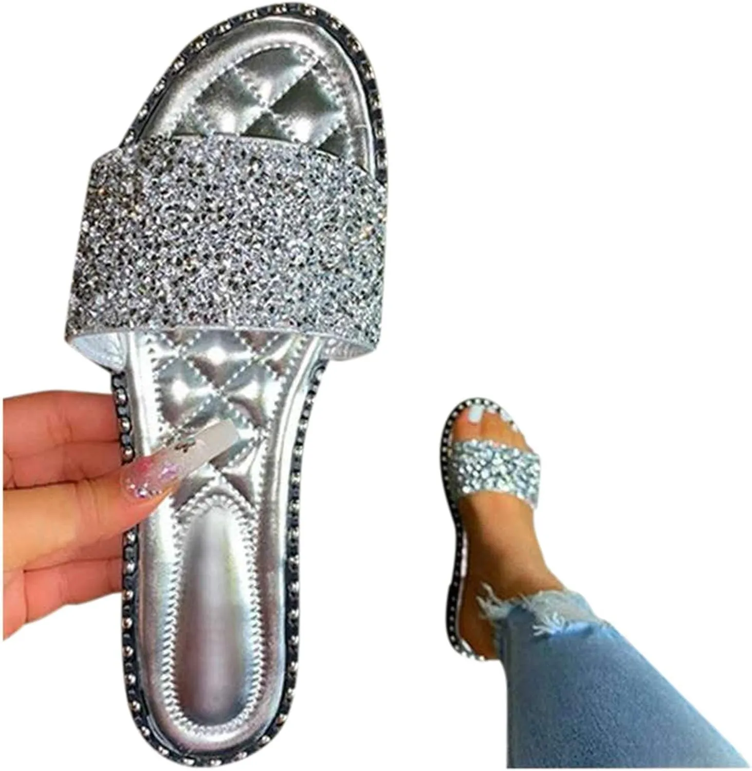 SACFOF Women Flat Sandals Summer Sequins Glitter Dressy Beach Slip on Sandals Casual Open Toe Outdoor Flat Slippers Sandals