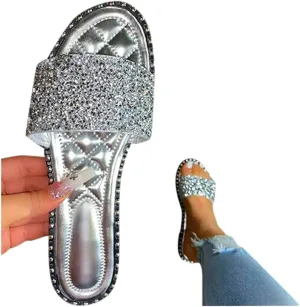 SACFOF Women Flat Sandals Summer Sequins Glitter Dressy Beach Slip on Sandals Casual Open Toe Outdoor Flat Slippers Sandals