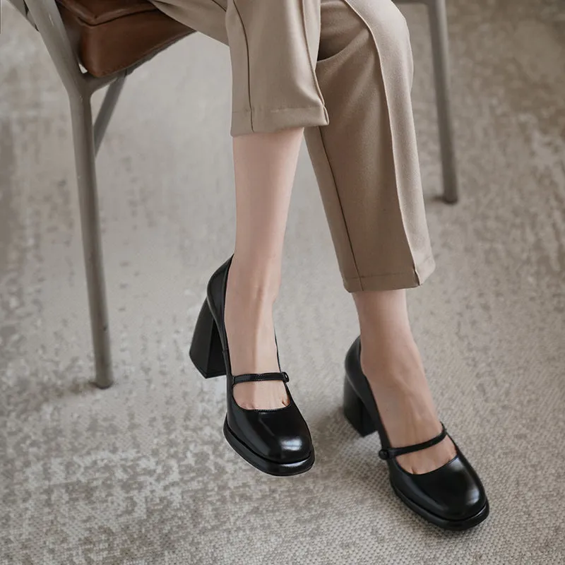 Willah Chunky Heel Genuine Leather Mary Janes