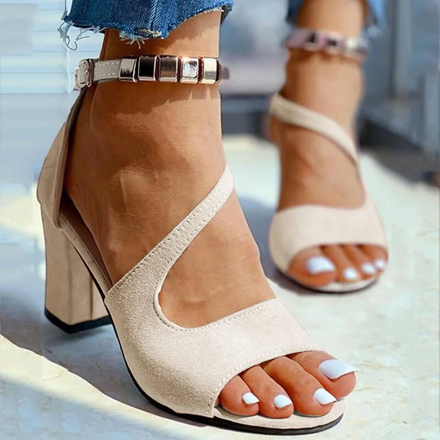 Women Mid Chunky Block Heel Sandals Summer Two Strap Slip on Heels Slide Sandals for Party Sandals Women Wide Width Fish Mouth High Heel Sandal Slip On Beach Vacation Travel Working Shoes