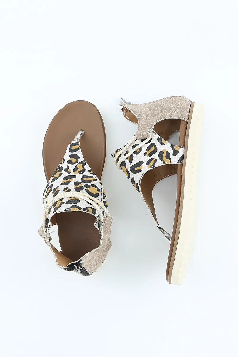Women Summer Walking Flat Sandals Leopard Printed Zipper Flip Flop