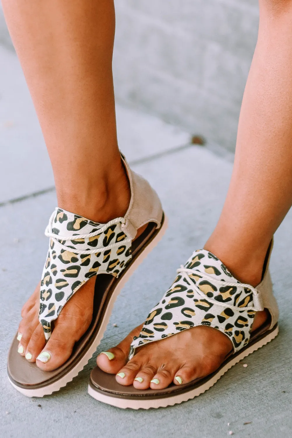 Women Summer Walking Flat Sandals Leopard Printed Zipper Flip Flop