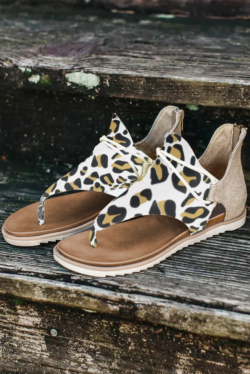 Women Summer Walking Flat Sandals Leopard Printed Zipper Flip Flop
