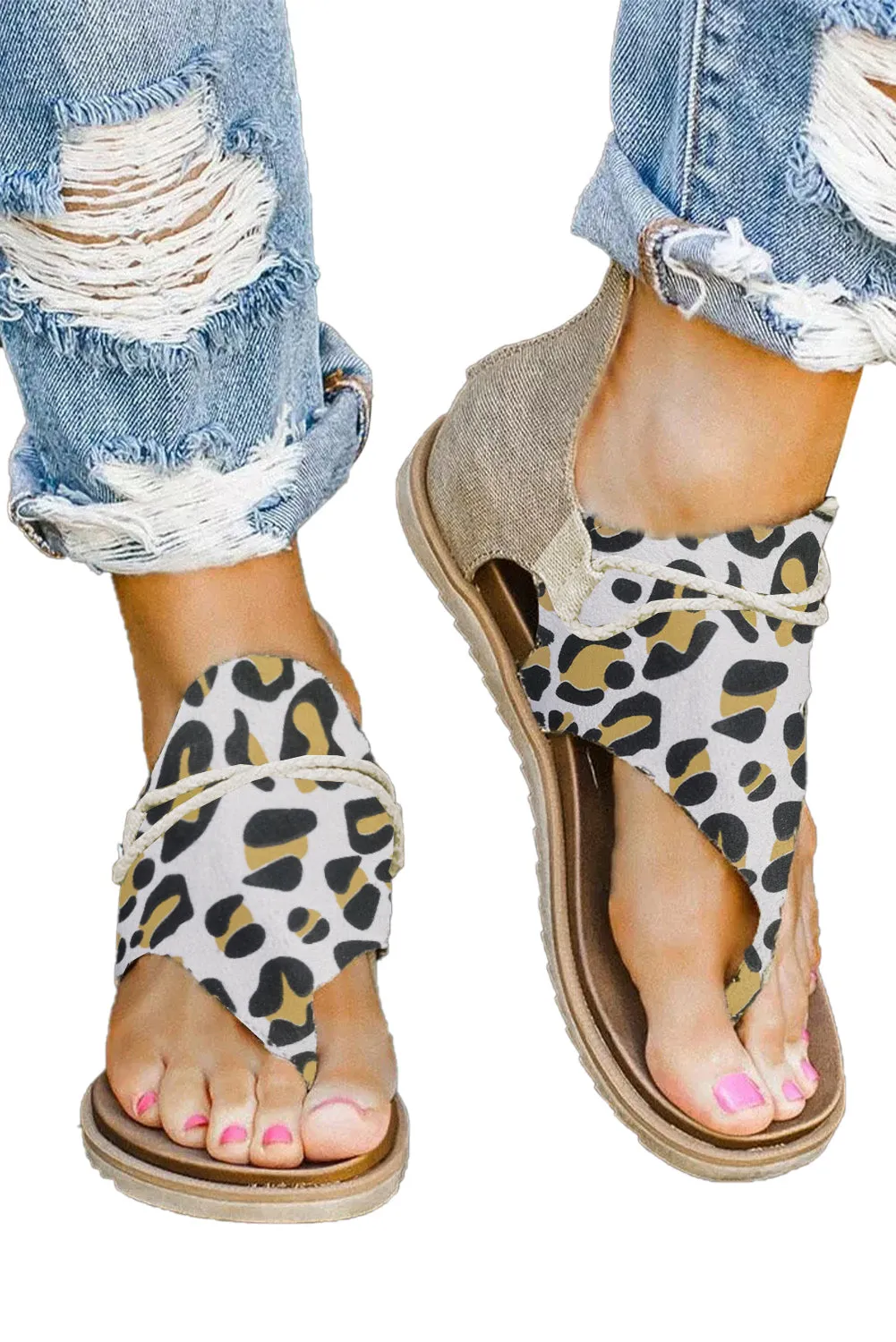 Women Summer Walking Flat Sandals Leopard Printed Zipper Flip Flop