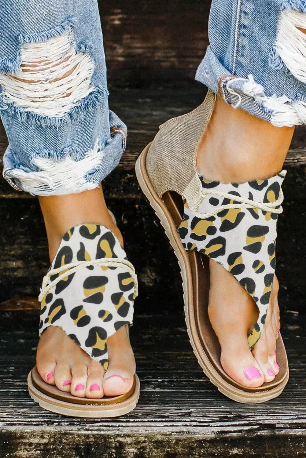 Women Summer Walking Flat Sandals Leopard Printed Zipper Flip Flop
