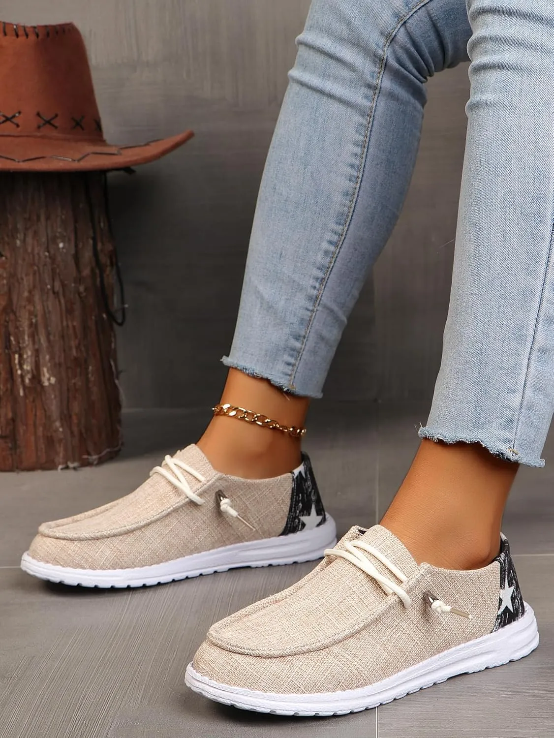 Womens Lace-Up Canvas Lightweight Boat Shoes Casual Comfortable Slip on Knit Loafers Outdoor Walking Low Top Wide Deck Shoes
