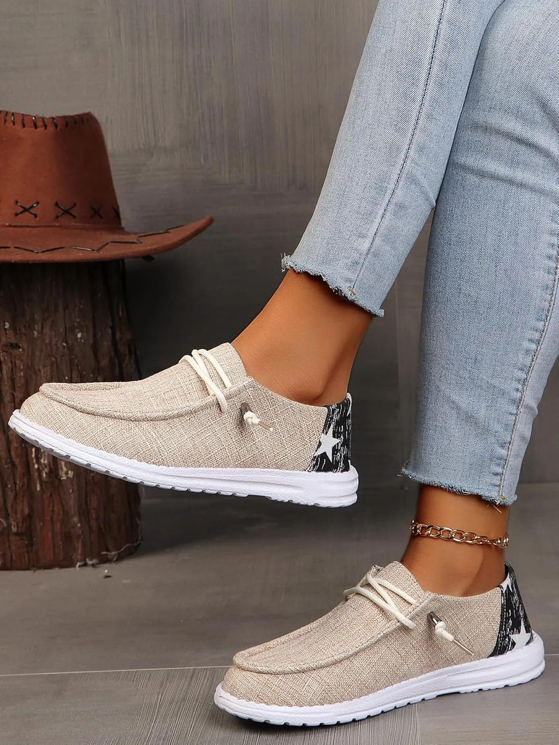 Womens Lace-Up Canvas Lightweight Boat Shoes Casual Comfortable Slip on Knit Loafers Outdoor Walking Low Top Wide Deck Shoes