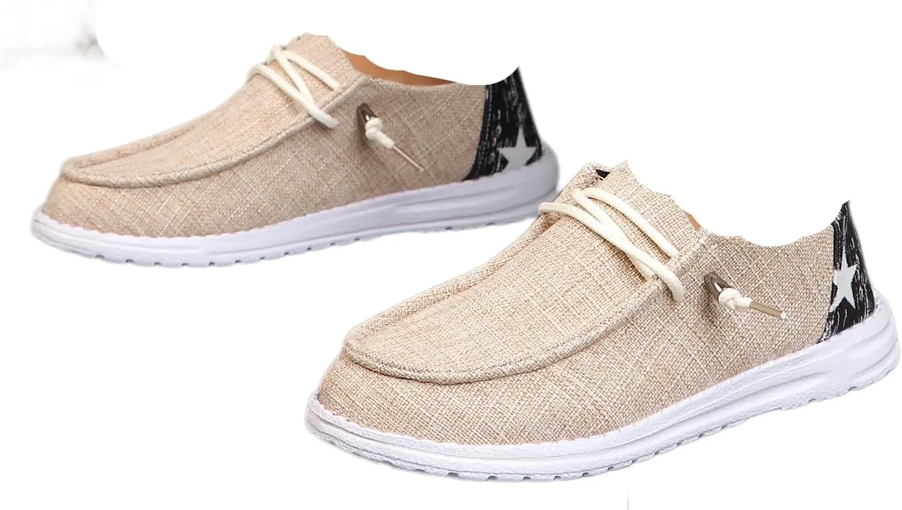 Womens Lace-Up Canvas Lightweight Boat Shoes Casual Comfortable Slip on Knit Loafers Outdoor Walking Low Top Wide Deck Shoes