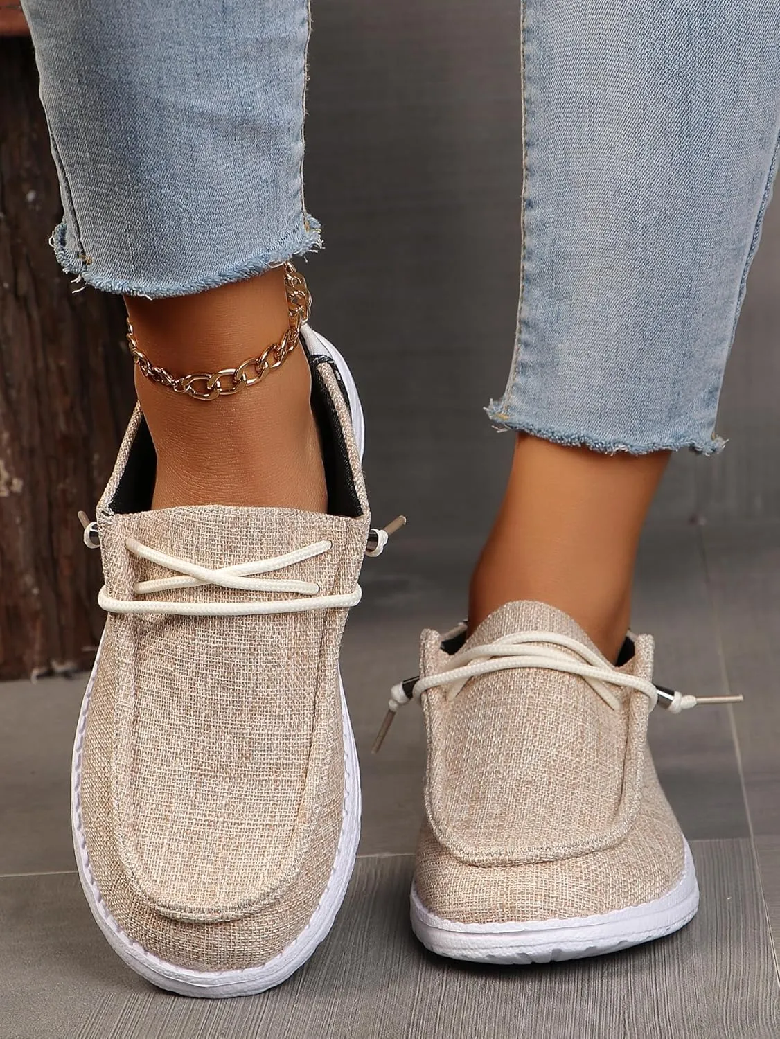 Womens Lace-Up Canvas Lightweight Boat Shoes Casual Comfortable Slip on Knit Loafers Outdoor Walking Low Top Wide Deck Shoes