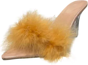 Women's Sandals Square Toe Lw Stiletto Heels Mules Fuzzy Slip on Pointed Slingback Wedding Part Dress Shoes (Yellow, 8)
