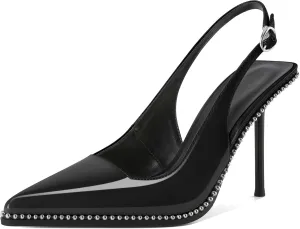 Women's Slingback Pumps Pointed Toe High Stiletto Heels Backless Stretch Beaded Heels 4.2 Inch Dress Pumps Shoes